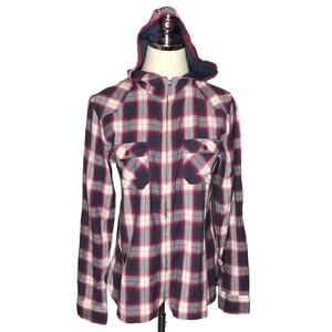 Horny Toad Adjunct Hooded Shacket-Burgundy Plaid-Organic Cotton-Size Medium-EUC